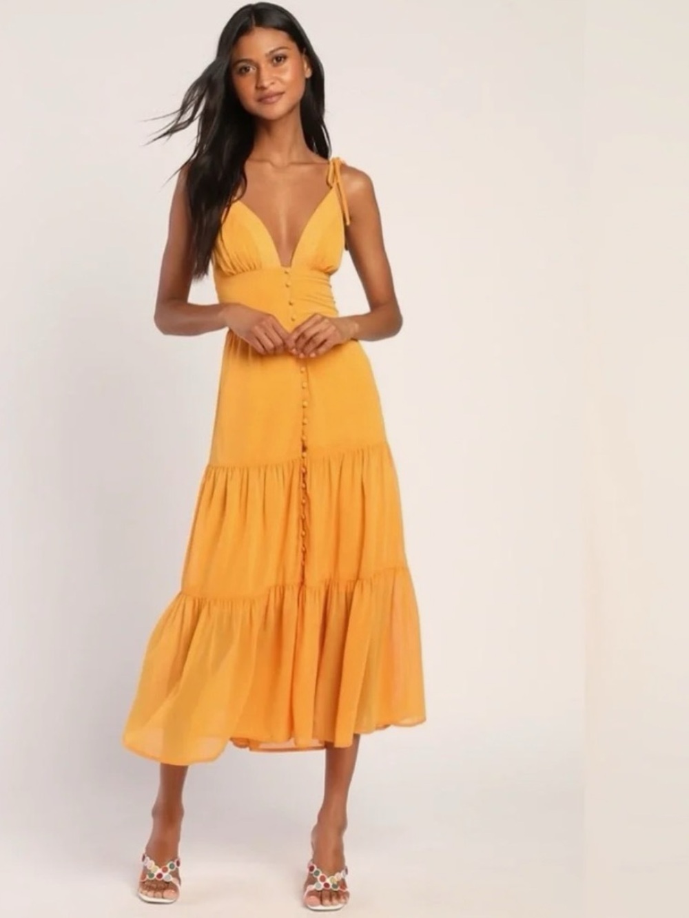 Lulus - Everlasting Sight - yellow Tie-Strap Tiered Midi Dress - size small